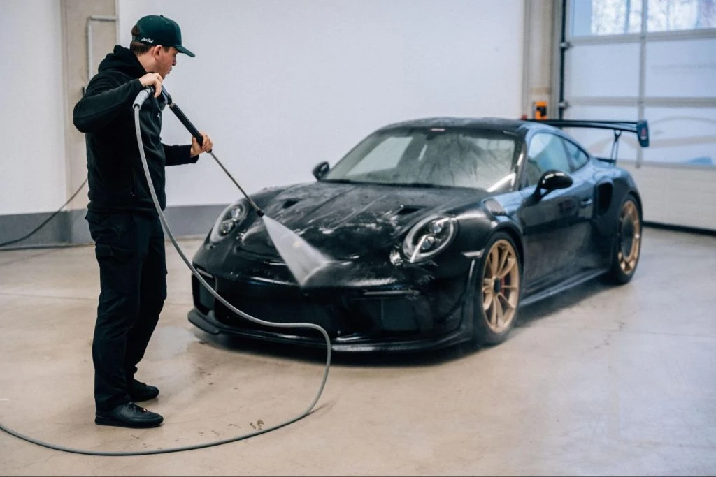Porsche Aufbereitung Vorwäsche mit Wasserdruck