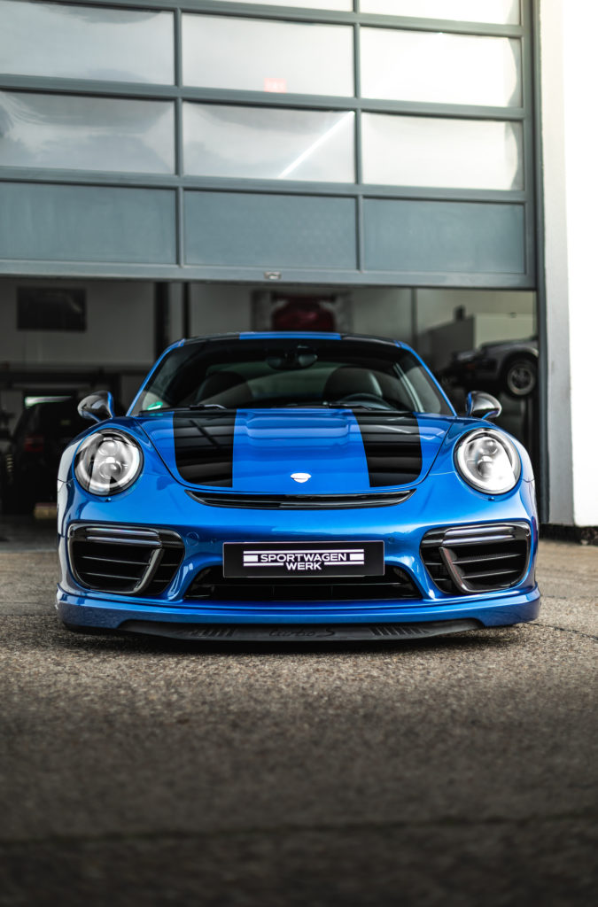 Porsche 991.2 Turbo S Techart blau Ansicht frontal – Werkstatt